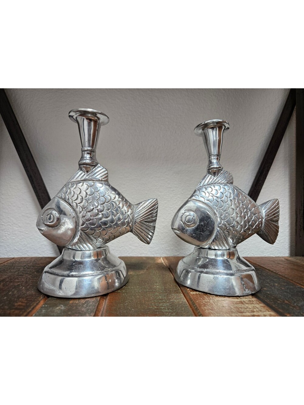 Vintage Honolulu HI Arte En Pewter Fish Pair Candlestick Holders Beach Ocean 7"